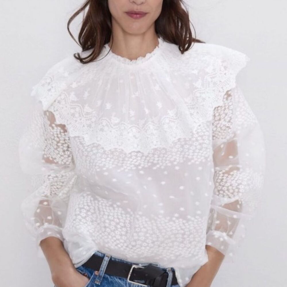Zara Organza Blouse ecru embroidered sheer ruffle womens White (xsmall) cottage